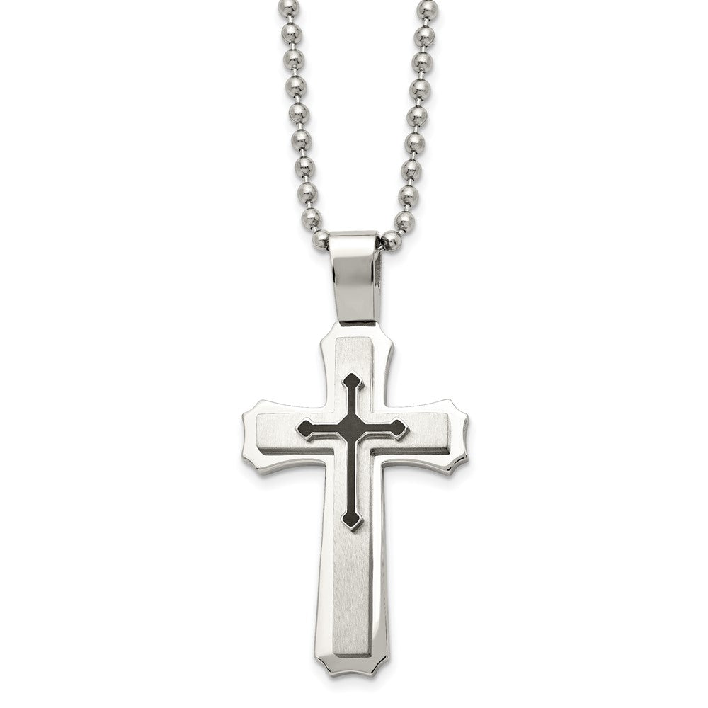Stainless Steel Chisel Brushed And Polished With Black Rubber Cross Pendant On A 24 Inch Ball Chain Necklace