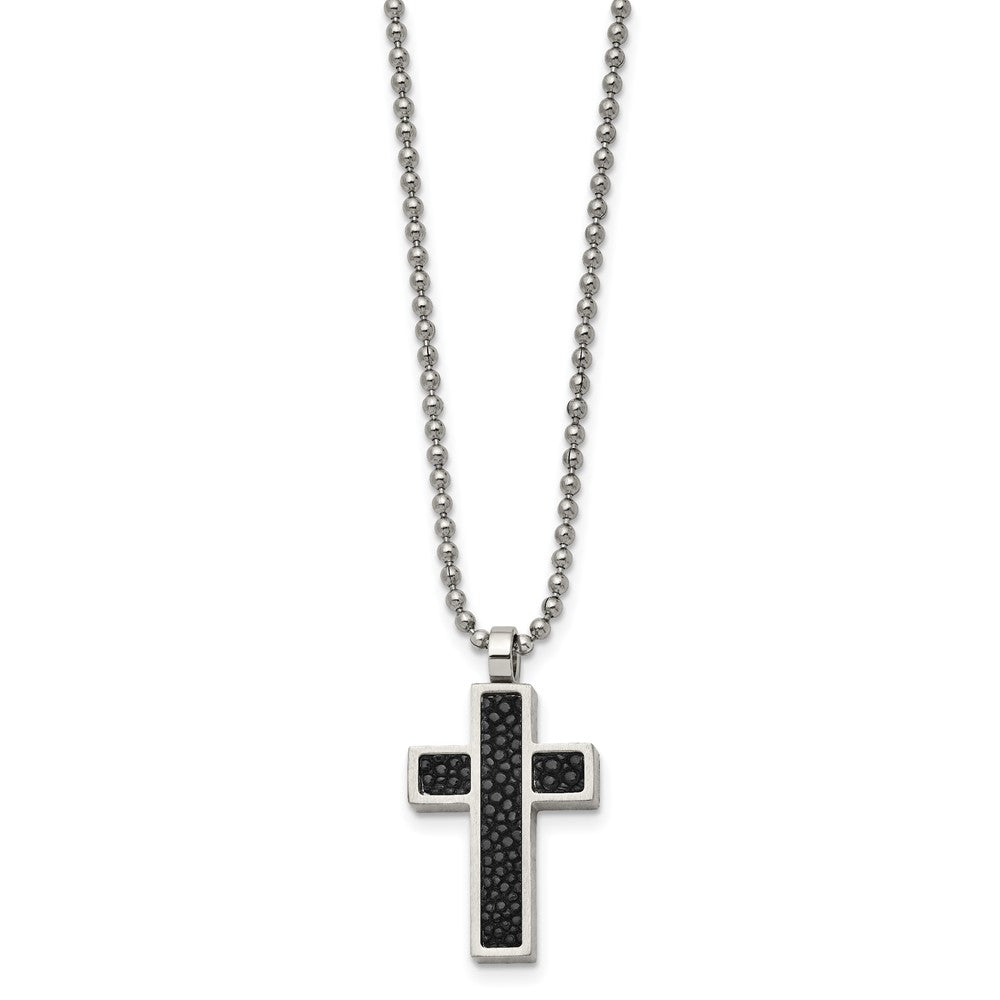 Stainless Steel Chisel Brushed Black Genuine Stingray Inlay Cross Pendant On A 24 Inch Ball Chain Necklace