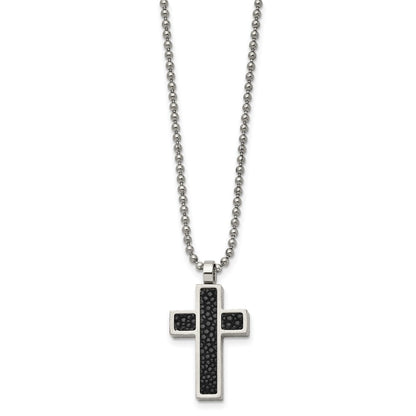 Stainless Steel Chisel Brushed Black Genuine Stingray Inlay Cross Pendant On A 24 Inch Ball Chain Necklace