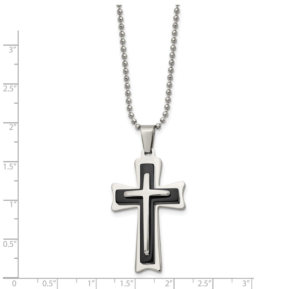 Stainless Steel Chisel Polished With Black Acrylic Cross Pendant On A 24 Inch Ball Chain Necklace