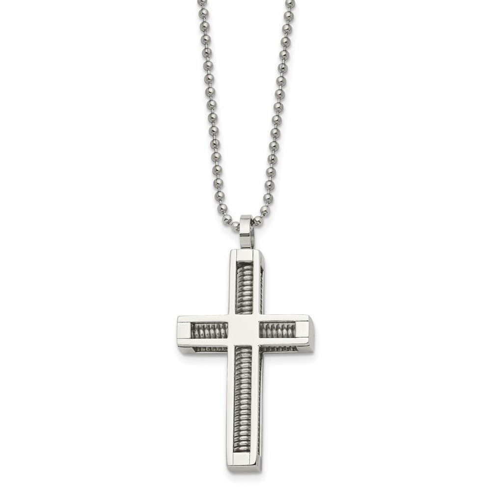 Stainless Steel Chisel Polished Cross Pendant On A 24 Inch Ball Chain Necklace