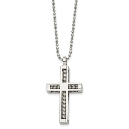 Stainless Steel Chisel Polished Cross Pendant On A 24 Inch Ball Chain Necklace