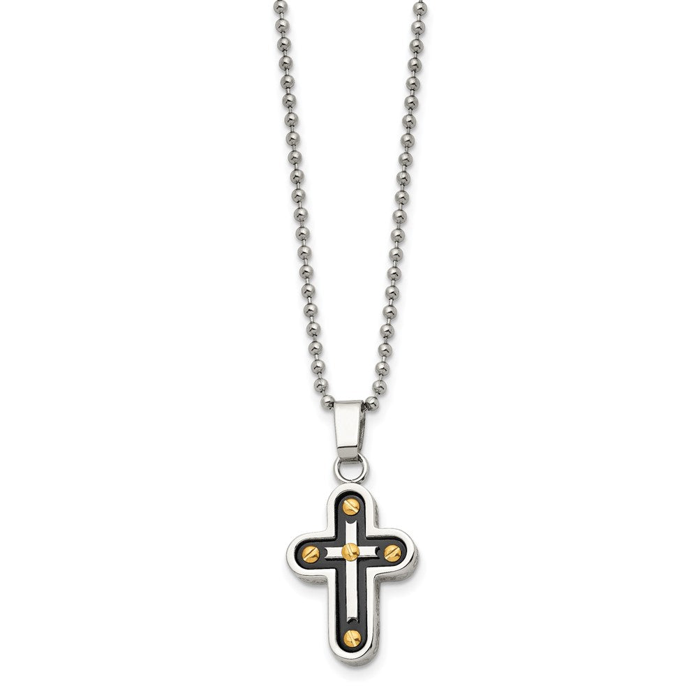 Stainless Steel Chisel Polished Black And Yellow Ip-Plated Cross Pendant On A 22 Inch Ball Chain Necklace