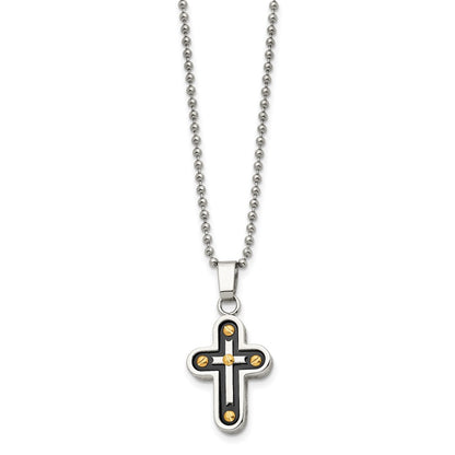 Stainless Steel Chisel Polished Black And Yellow Ip-Plated Cross Pendant On A 22 Inch Ball Chain Necklace