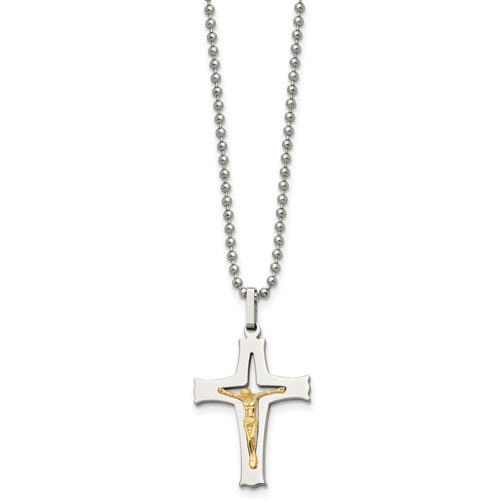 Stainless Steel Chisel Polished With 14K Gold Accent Crucifix Pendant On A 22 Inch Ball Chain Necklace