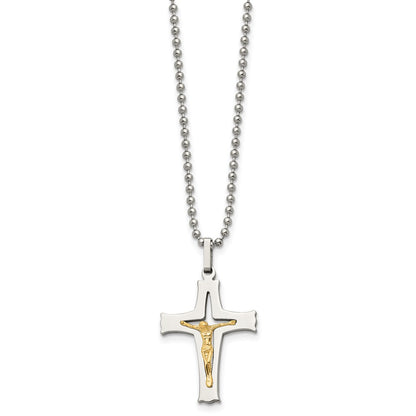 Stainless Steel Chisel Polished With 14K Gold Accent Crucifix Pendant On A 22 Inch Ball Chain Necklace