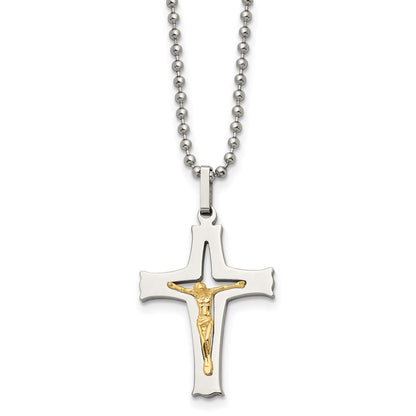 Stainless Steel Chisel Polished With 14K Gold Accent Crucifix Pendant On A 22 Inch Ball Chain Necklace