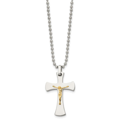 Stainless Steel Chisel Polished With 14K Gold Accent Crucifix Pendant On A 22 Inch Ball Chain Necklace