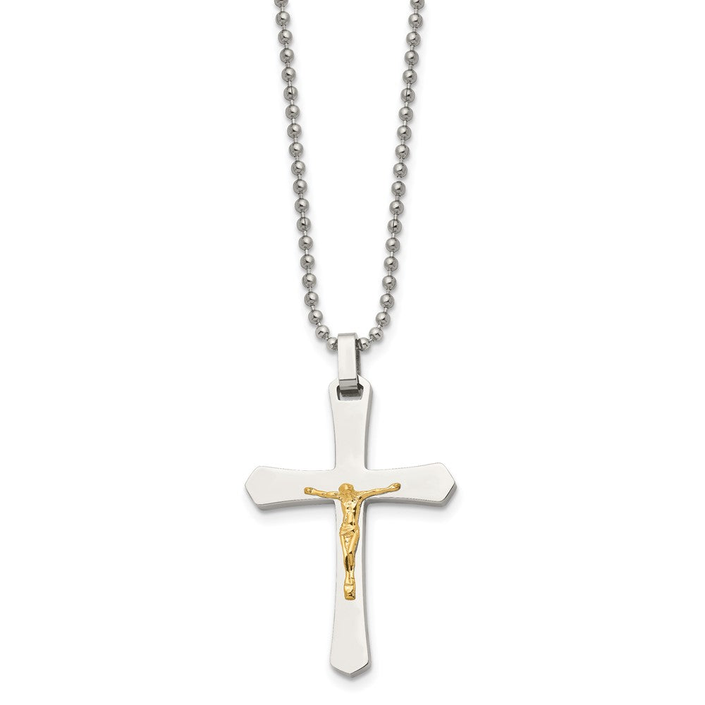 Stainless Steel Chisel Polished With 14K Gold Accent Crucifix Pendant On A 22 Inch Ball Chain Necklace