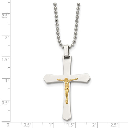 Stainless Steel Chisel Polished With 14K Gold Accent Crucifix Pendant On A 22 Inch Ball Chain Necklace