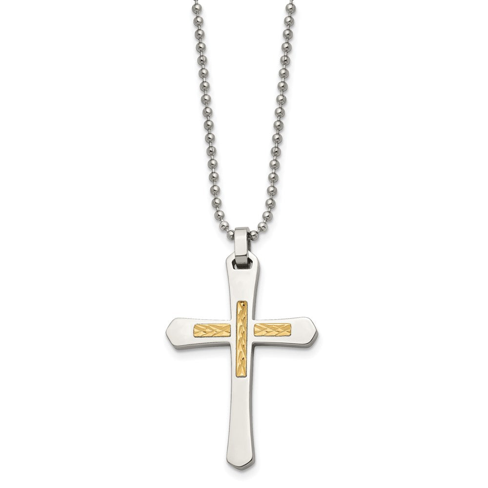 Stainless Steel Chisel Polished With 14K Gold Accent Diamond-Cut Cross Pendant On A 22 Inch Ball Chain Necklace