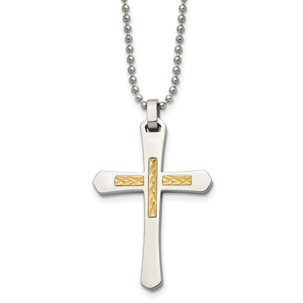 Stainless Steel Chisel Polished With 14K Gold Accent Diamond-Cut Cross Pendant On A 22 Inch Ball Chain Necklace