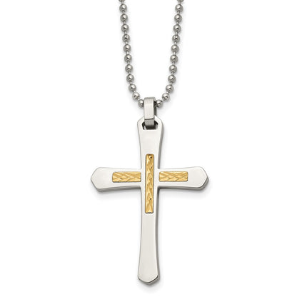 Stainless Steel Chisel Polished With 14K Gold Accent Diamond-Cut Cross Pendant On A 22 Inch Ball Chain Necklace