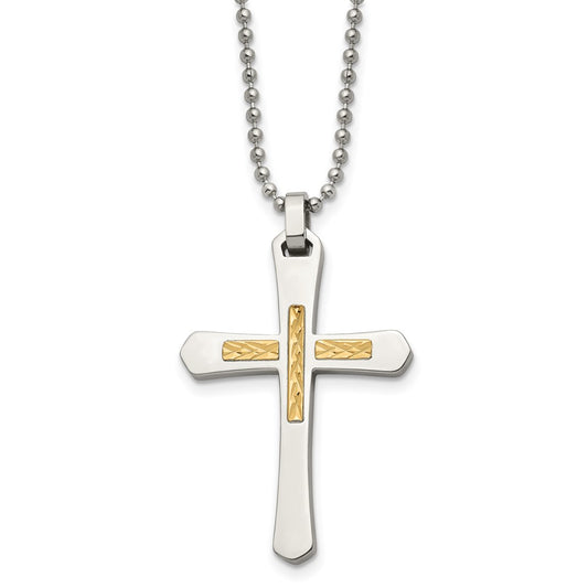 Stainless Steel Chisel Polished With 14K Gold Accent Diamond-Cut Cross Pendant On A 22 Inch Ball Chain Necklace