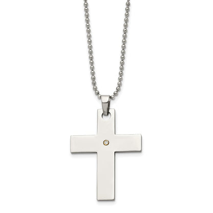 Stainless Steel Chisel Polished With 14K Gold Accent .02 Carat Diamond Cross Pendant On A 22 Inch Ball Chain Necklace
