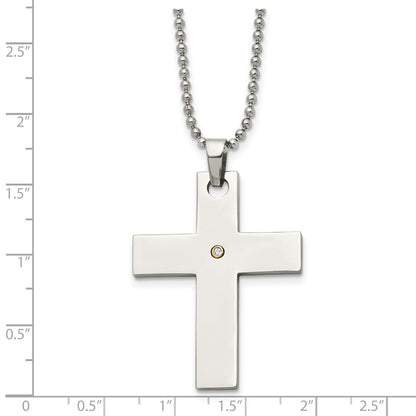 Stainless Steel Chisel Polished With 14K Gold Accent .02 Carat Diamond Cross Pendant On A 22 Inch Ball Chain Necklace