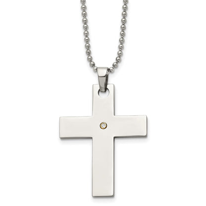 Stainless Steel Chisel Polished With 14K Gold Accent .02 Carat Diamond Cross Pendant On A 22 Inch Ball Chain Necklace