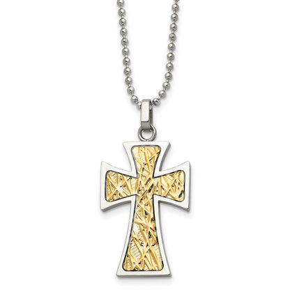 Stainless Steel Chisel Polished With 14K Gold Accent Cross Pendant On A 22 Inch Ball Chain Necklace
