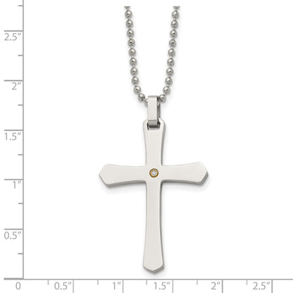 Stainless Steel Chisel Polished With 14K Gold Accent .02 Carat Diamond Cross Pendant On A 22 Inch Ball Chain Necklace