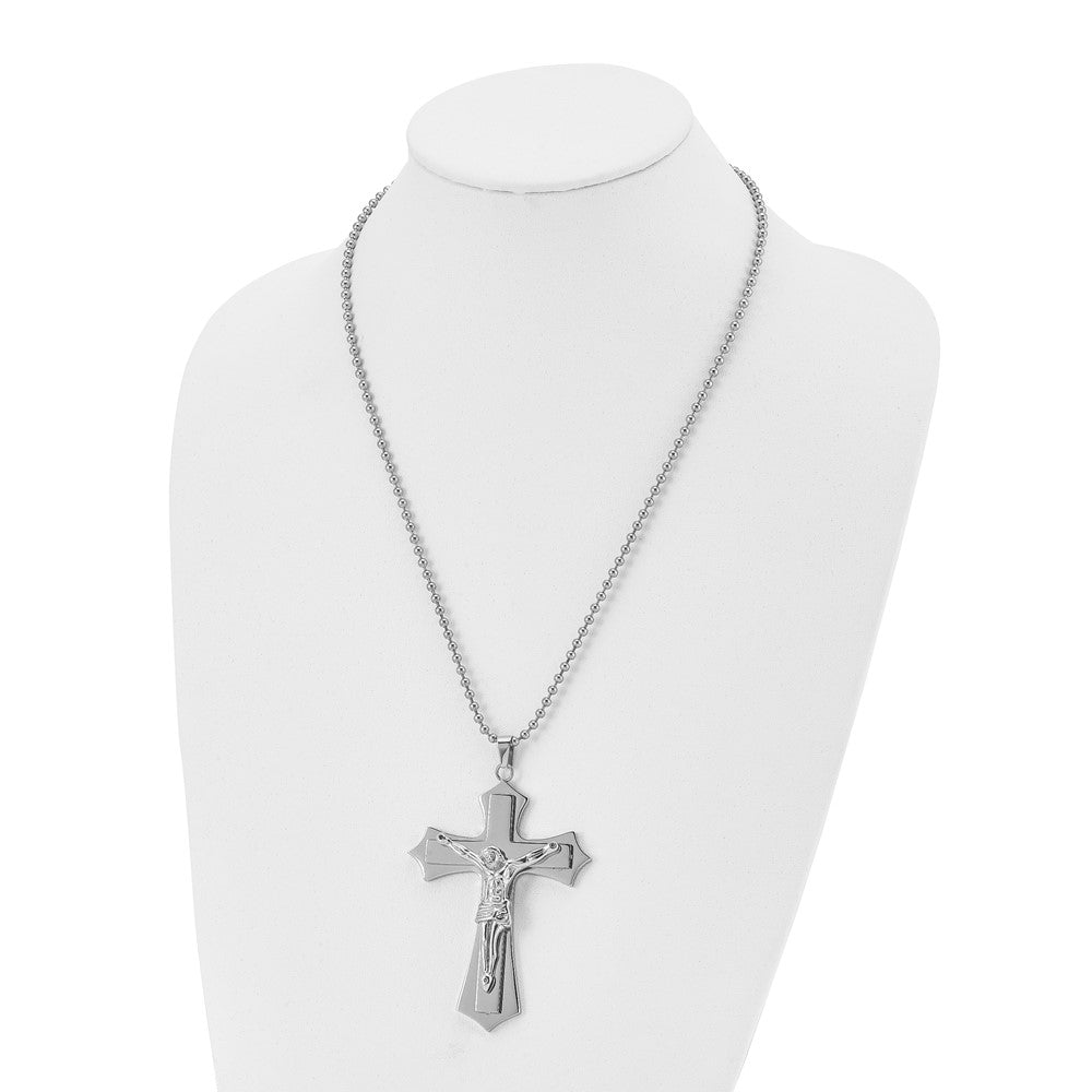 Stainless Steel Chisel Polished Large Crucifix Pendant On A 22 Inch Ball Chain Necklace