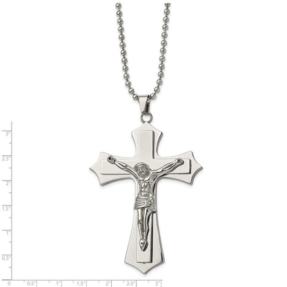 Stainless Steel Chisel Polished Large Crucifix Pendant On A 22 Inch Ball Chain Necklace
