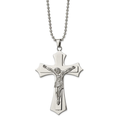 Stainless Steel Chisel Polished Large Crucifix Pendant On A 22 Inch Ball Chain Necklace