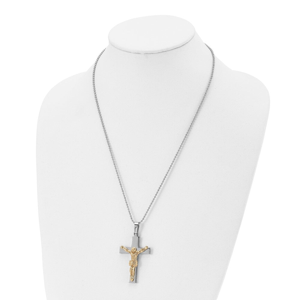 Stainless Steel Chisel Polished Yellow Ip-Plated Crucifix Pendant On A 22 Inch Ball Chain Necklace