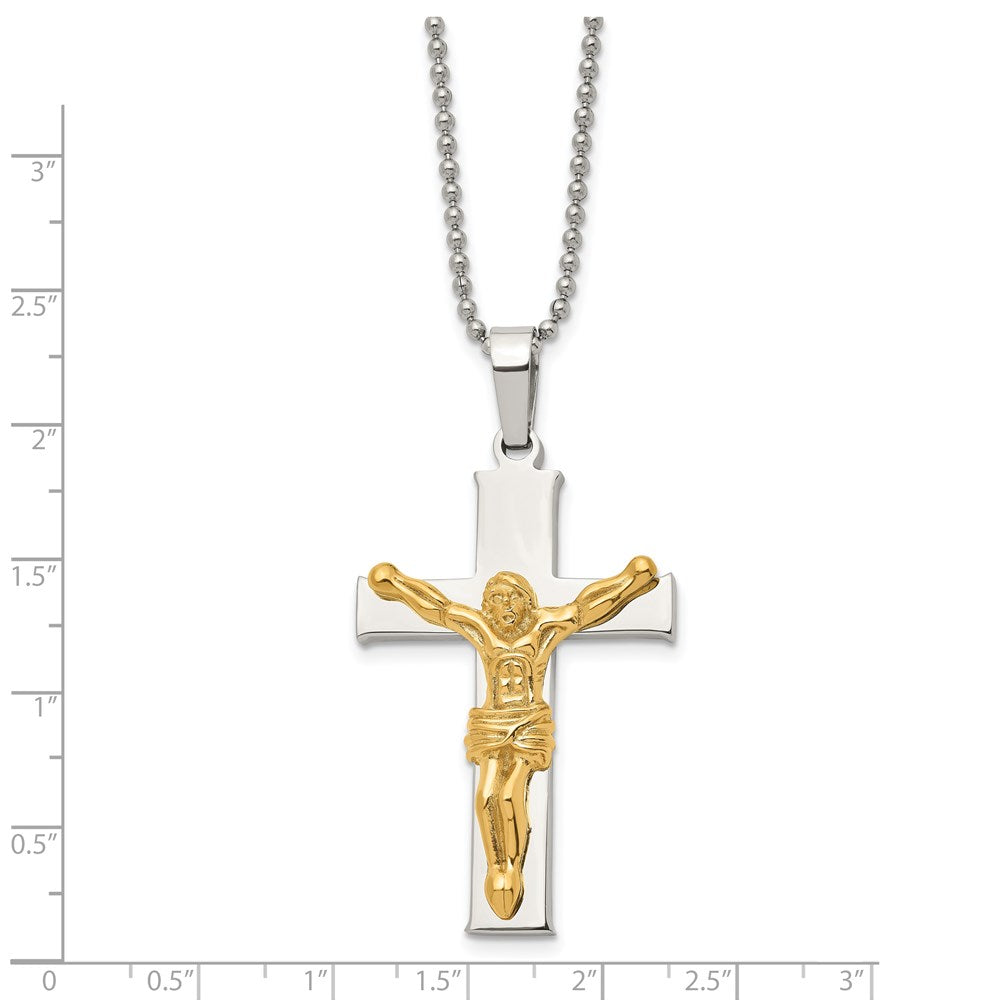 Stainless Steel Chisel Polished Yellow Ip-Plated Crucifix Pendant On A 22 Inch Ball Chain Necklace