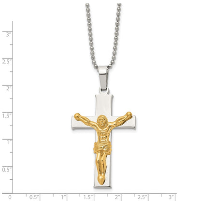 Stainless Steel Chisel Polished Yellow Ip-Plated Crucifix Pendant On A 22 Inch Ball Chain Necklace