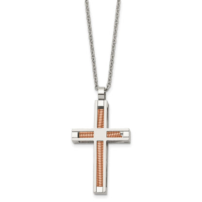 Stainless Steel Chisel Polished Rose Ip-Plated Cross Pendant On A 22 Inch Cable Chain Necklace