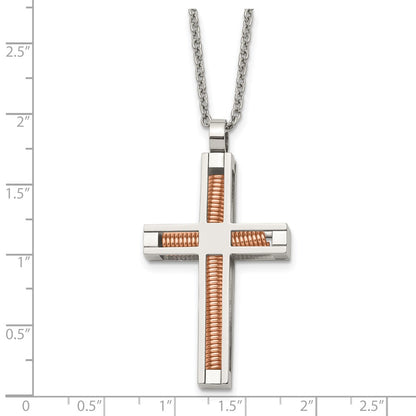 Stainless Steel Chisel Polished Rose Ip-Plated Cross Pendant On A 22 Inch Cable Chain Necklace