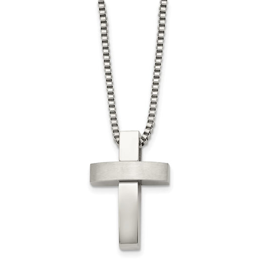 Stainless Steel Chisel Brushed And Polished Cross Pendant On A 22 Inch Box Chain Necklace