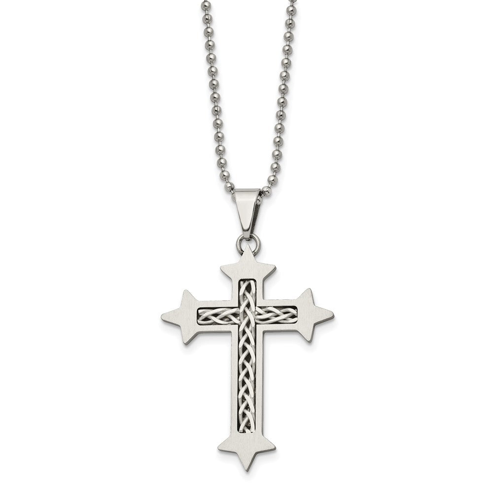 Stainless Steel Chisel Brushed With Braided Sterling Silver Inlay Cross Pendant On A 24 Inch Ball Chain Necklace