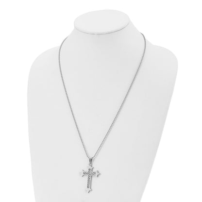 Stainless Steel Chisel Brushed With Braided Sterling Silver Inlay Cross Pendant On A 24 Inch Ball Chain Necklace