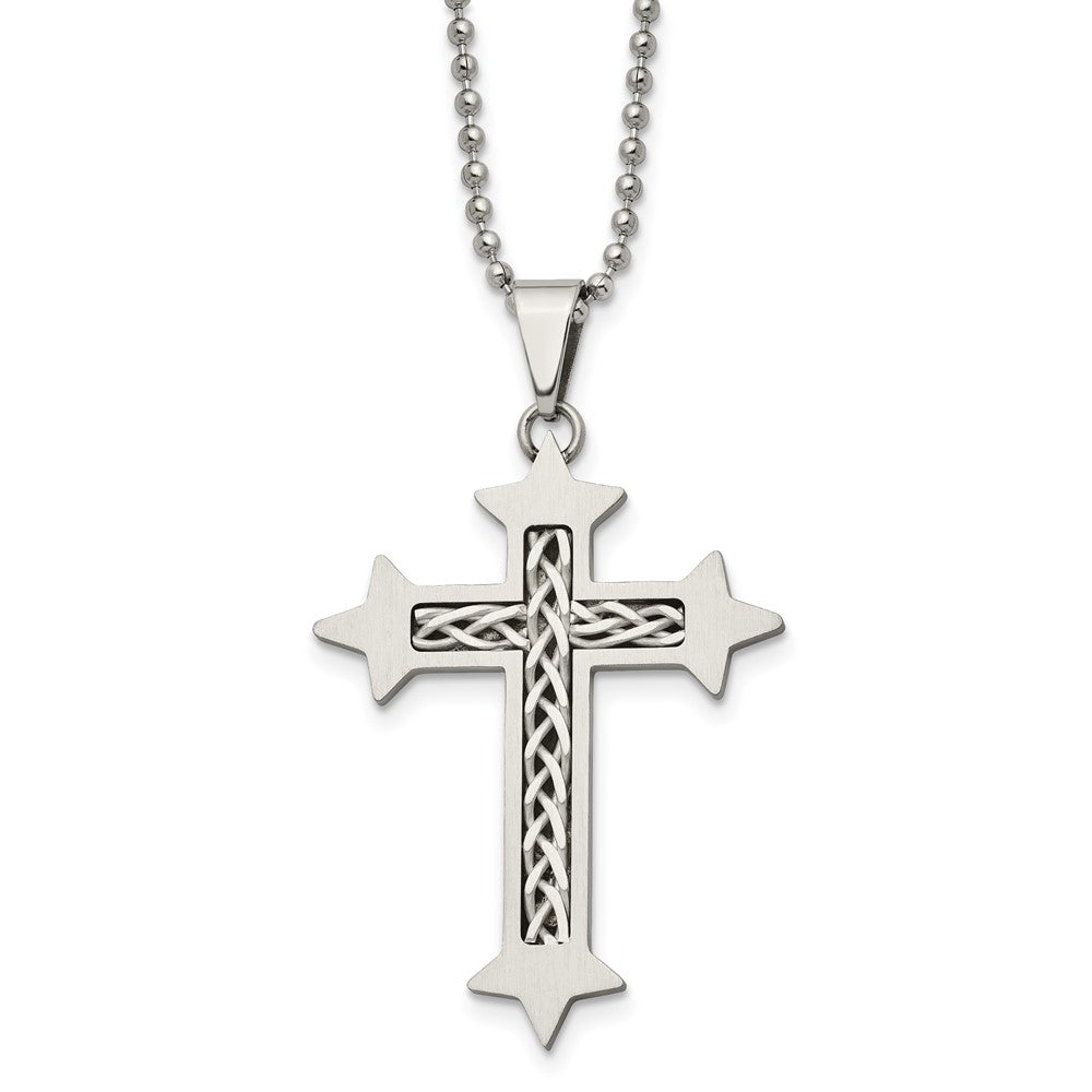 Stainless Steel Chisel Brushed With Braided Sterling Silver Inlay Cross Pendant On A 24 Inch Ball Chain Necklace
