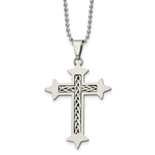 Stainless Steel Chisel Brushed With Braided Sterling Silver Inlay Cross Pendant On A 24 Inch Ball Chain Necklace