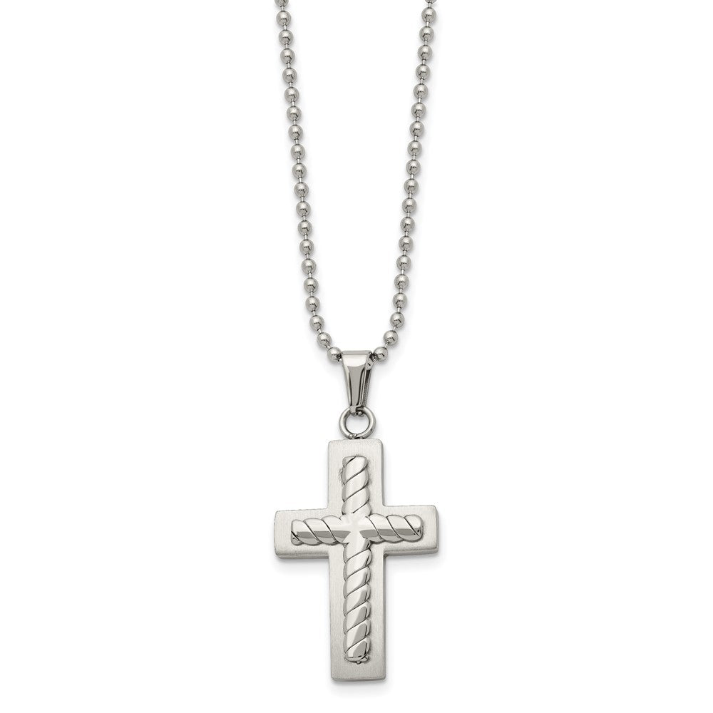 Stainless Steel Chisel Brushed And Polished Cross Pendant On A 24 Inch Ball Chain Necklace