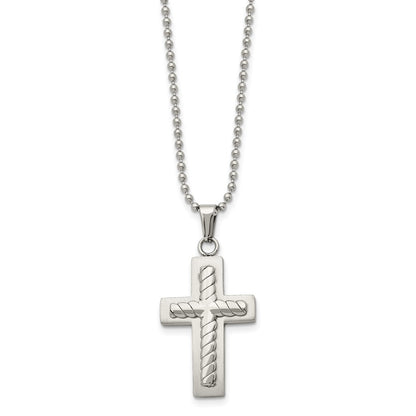 Stainless Steel Chisel Brushed And Polished Cross Pendant On A 24 Inch Ball Chain Necklace