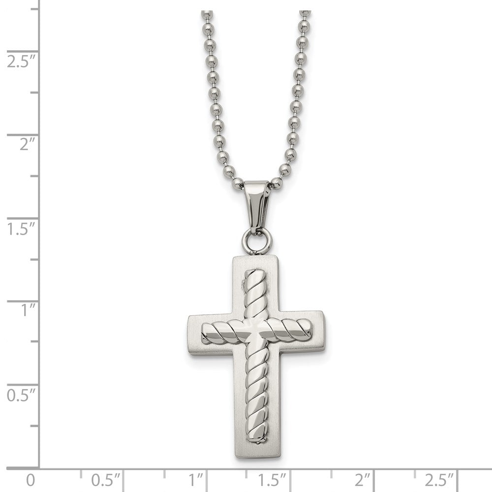 Stainless Steel Chisel Brushed And Polished Cross Pendant On A 24 Inch Ball Chain Necklace