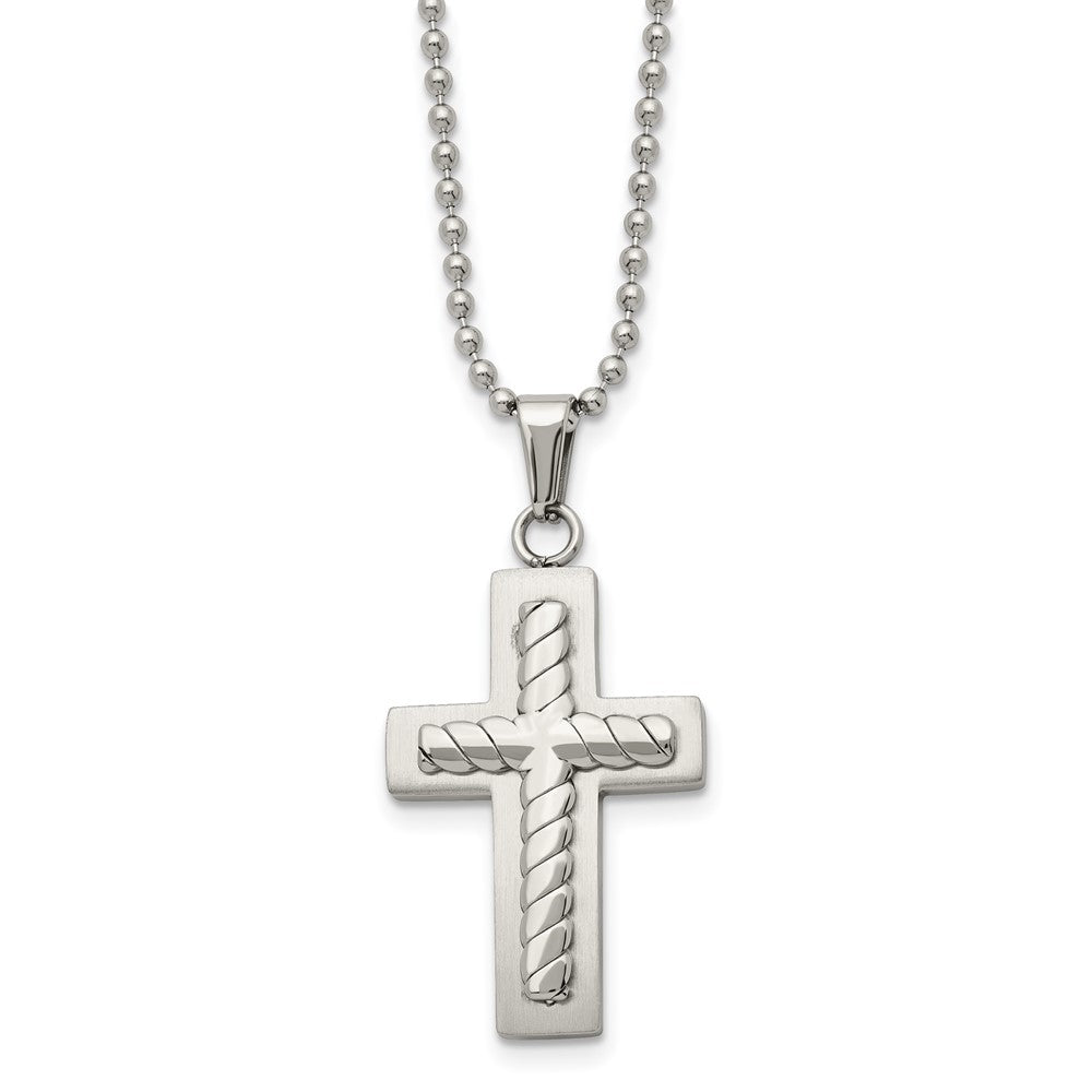 Stainless Steel Chisel Brushed And Polished Cross Pendant On A 24 Inch Ball Chain Necklace