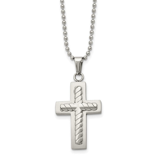 Stainless Steel Chisel Brushed And Polished Cross Pendant On A 24 Inch Ball Chain Necklace