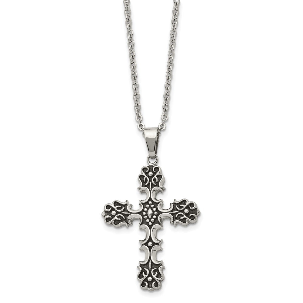 Stainless Steel Chisel Antiqued Polished And Textured Cross Pendant On A 22 Inch Cable Chain Necklace