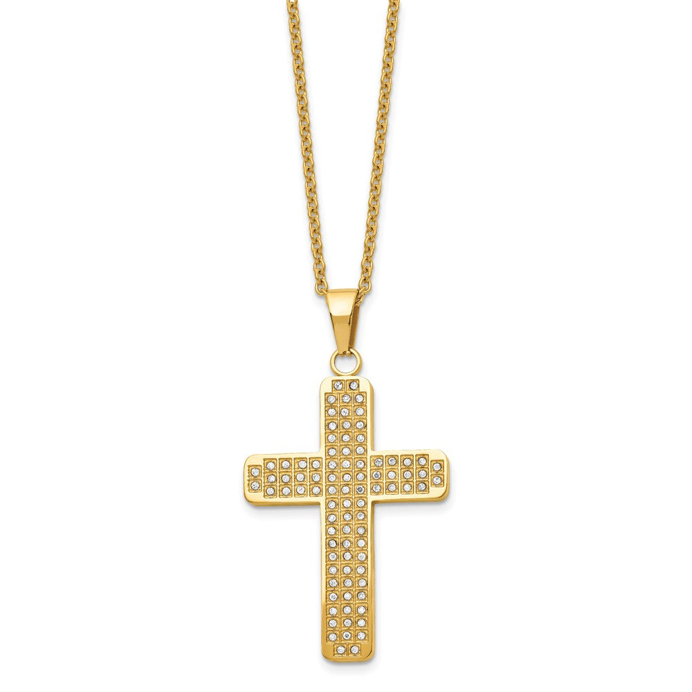 Stainless Steel Chisel Polished Yellow Ip-Plated With Cz Cross Pendant On A 22 Inch Cable Chain Necklace