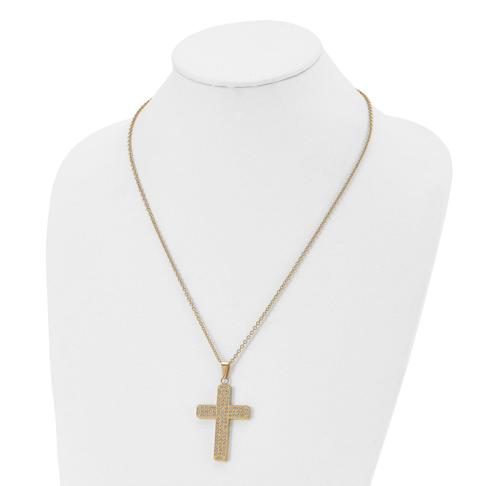 Stainless Steel Chisel Polished Yellow Ip-Plated With Cz Cross Pendant On A 22 Inch Cable Chain Necklace