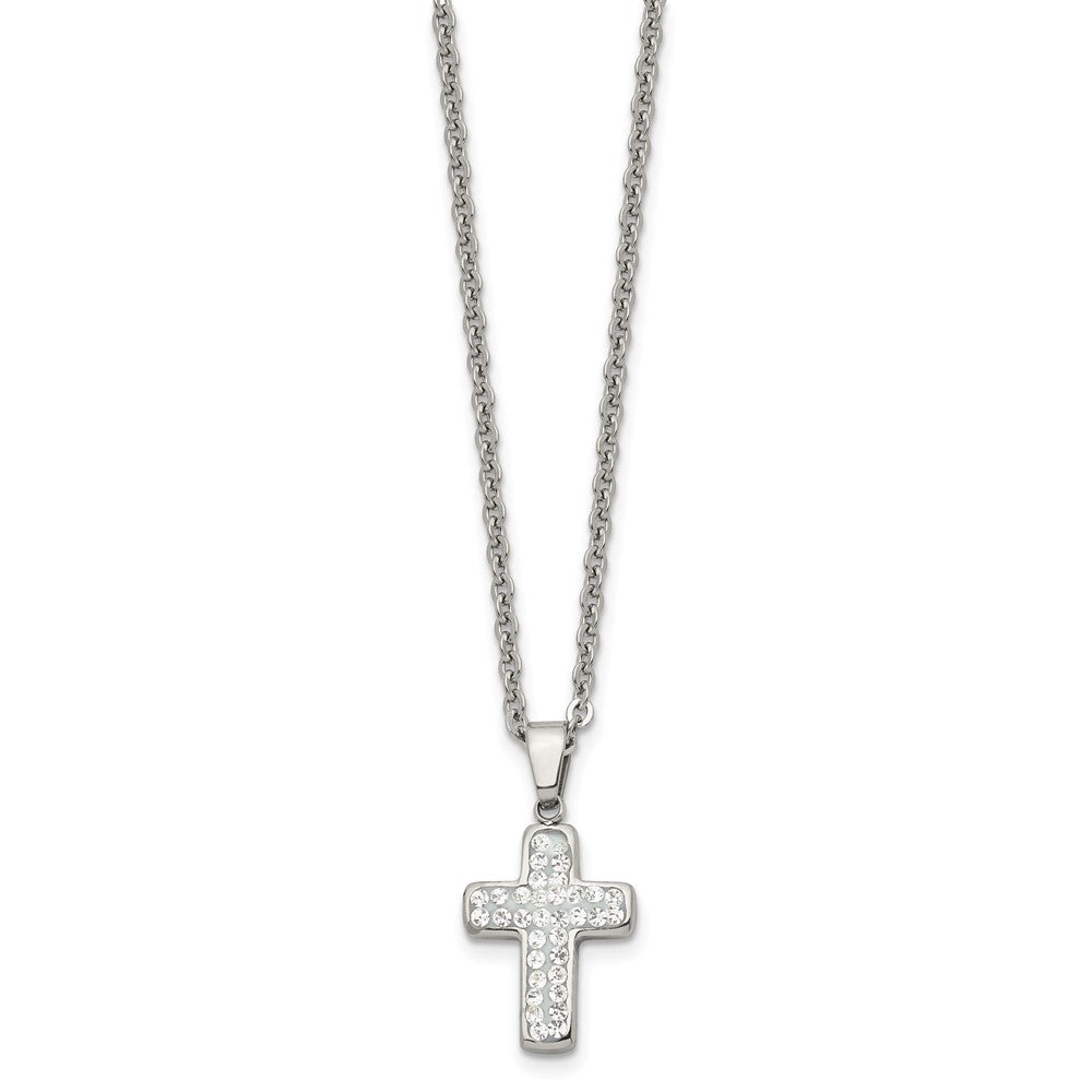 Stainless Steel Chisel Polished Crystal Cross Pendant On A 22 Inch Cable Chain Necklace