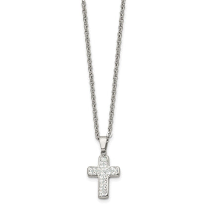 Stainless Steel Chisel Polished Crystal Cross Pendant On A 22 Inch Cable Chain Necklace