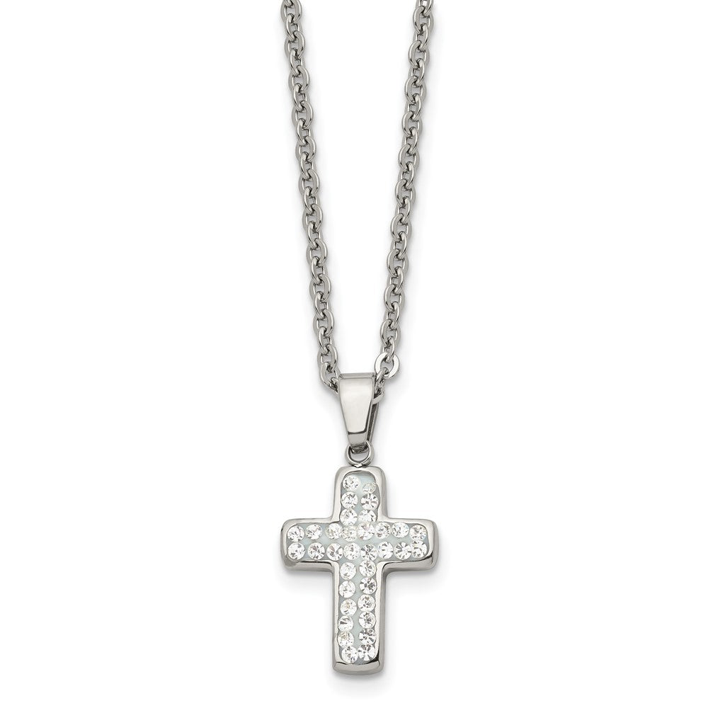 Stainless Steel Chisel Polished Crystal Cross Pendant On A 22 Inch Cable Chain Necklace