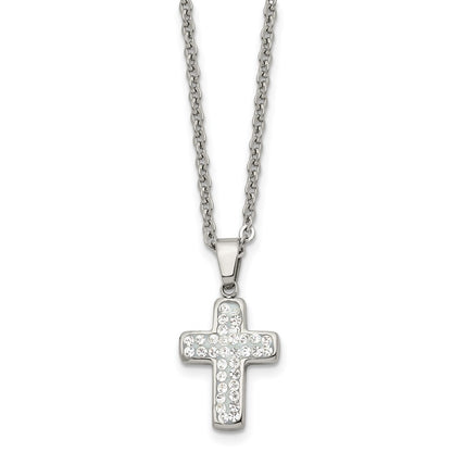 Stainless Steel Chisel Polished Crystal Cross Pendant On A 22 Inch Cable Chain Necklace