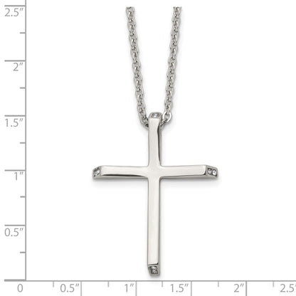 Stainless Steel Chisel Polished With Cz Ends Cross Pendant On A 22 Inch Cable Chain Necklace