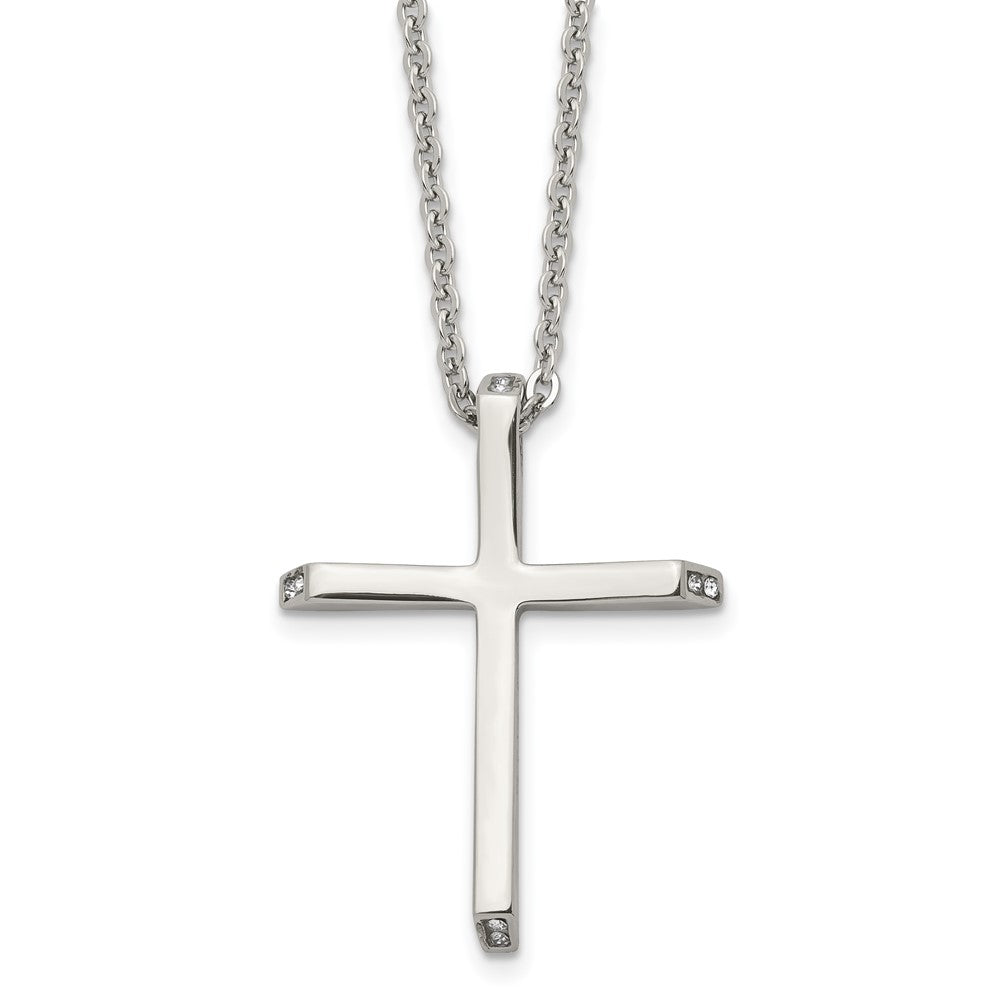 Stainless Steel Chisel Polished With Cz Ends Cross Pendant On A 22 Inch Cable Chain Necklace